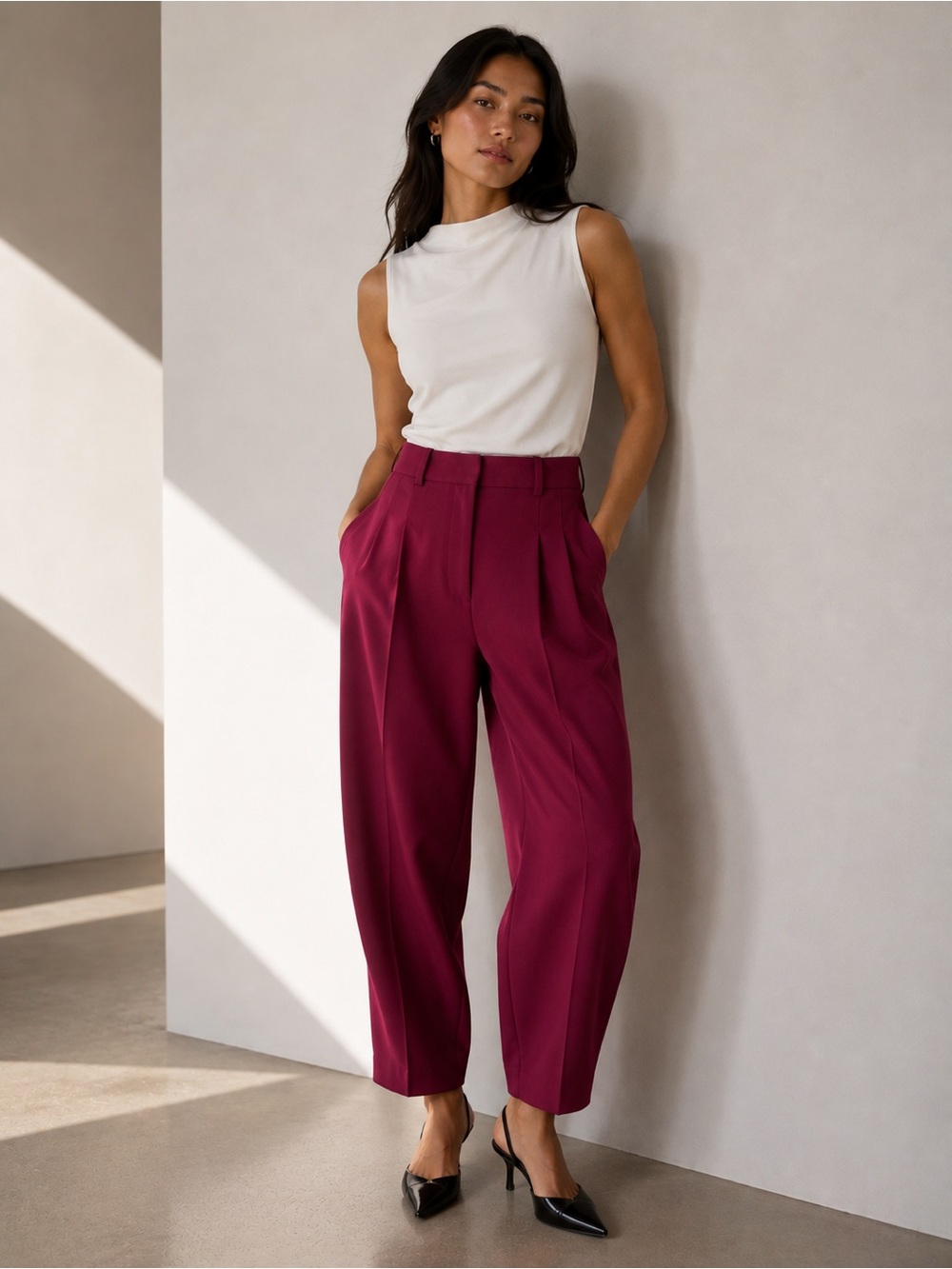 TOPSHOP Burgundy Wine High Waisted Pleated Barrel Pants US 6